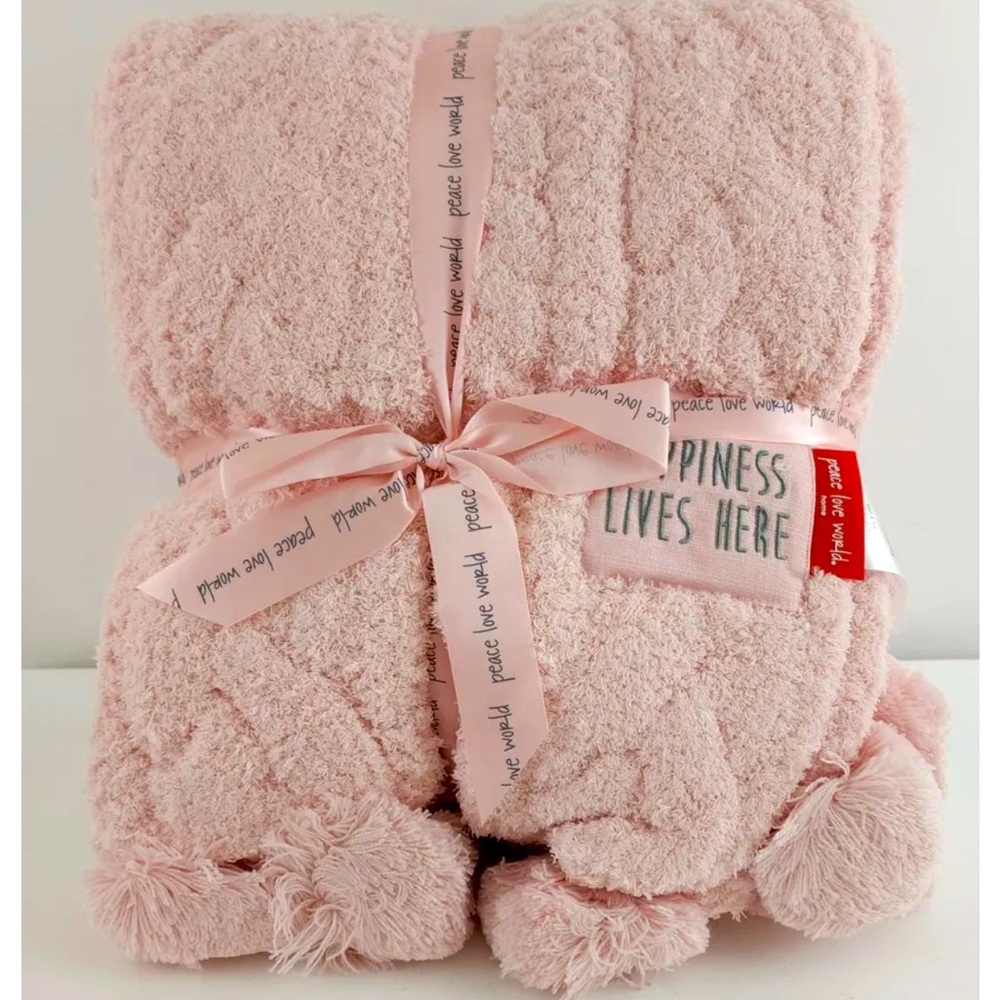 peace love world block knot throw cream color